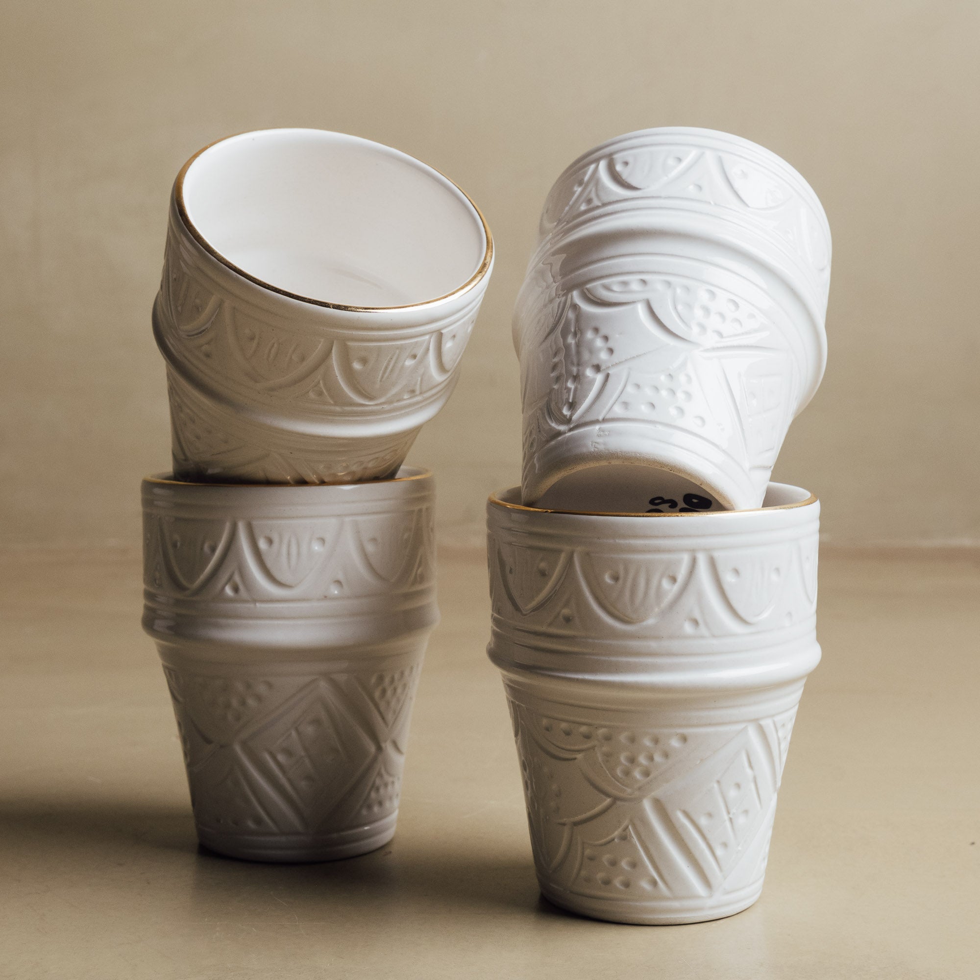 Zagora White Cup - Moroccan Dinnerware Adorned with 12 Carat Gold Accents - Benisouk
