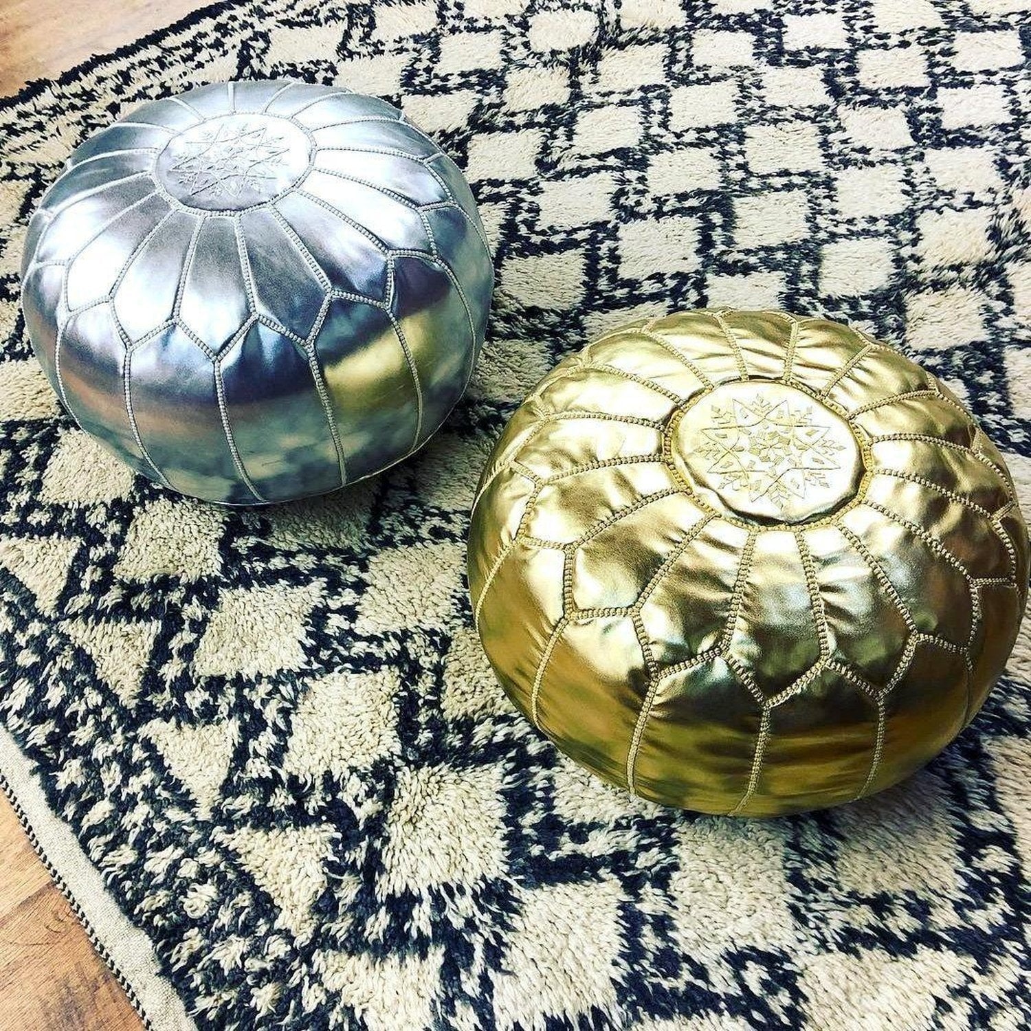 Authentic Moroccan Leather Pouf - Gold - Benisouk