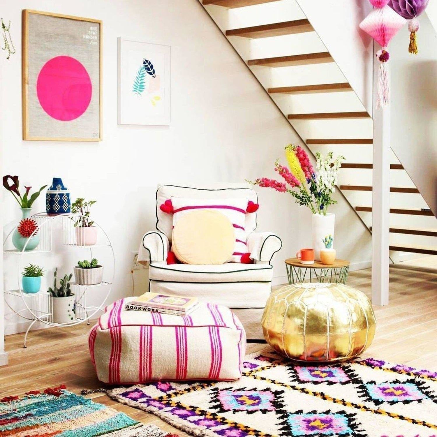 Authentic Moroccan Leather Pouf - Gold - Benisouk