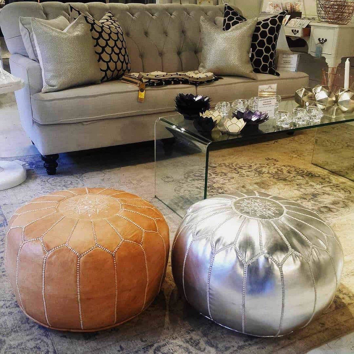 Authentic Moroccan Leather Pouf - Silver - Benisouk