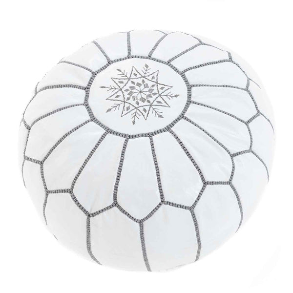 Handcrafted Round Natural Leather Pouf - White – souks du monde