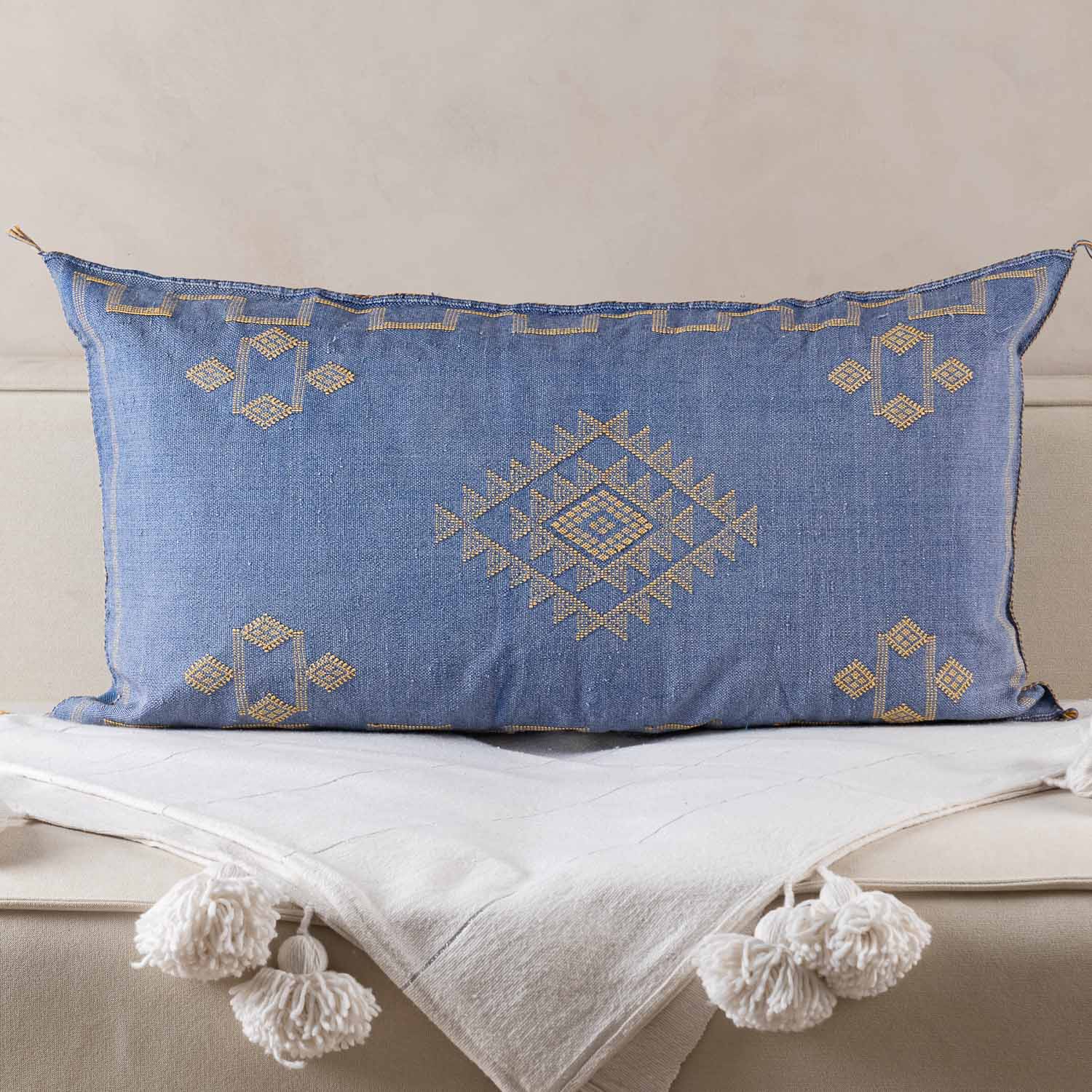 Blue Cactus silk pillow cover - Benisouk