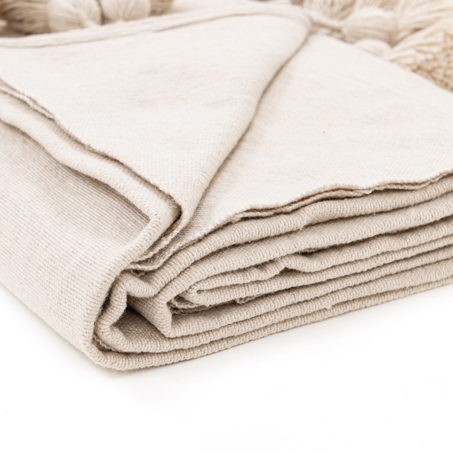 Moroccan Pom Pom Blanket - Beige - Benisouk