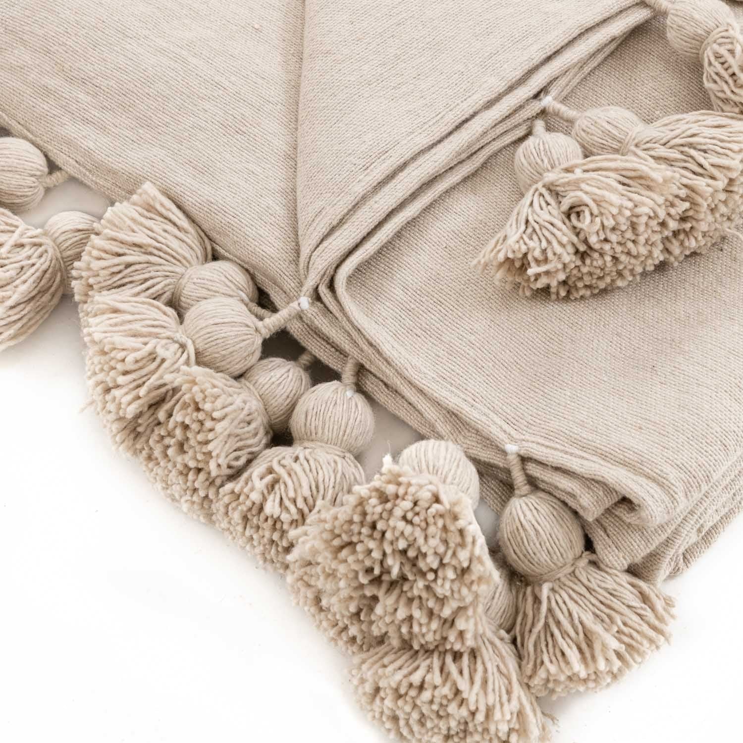 Moroccan Pom Pom Blanket - Beige - Benisouk