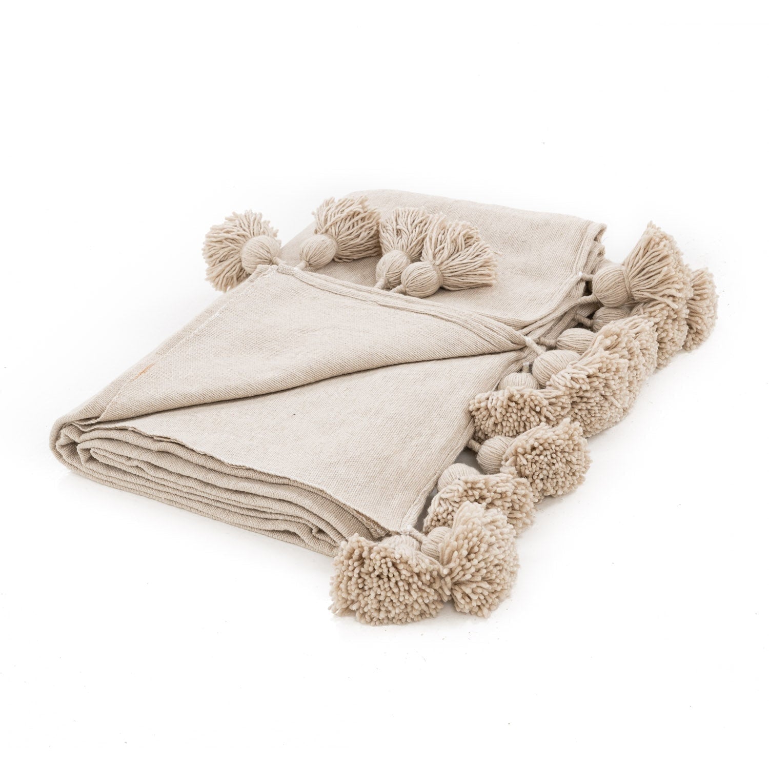 Moroccan Pom Pom Blanket - Beige - Benisouk