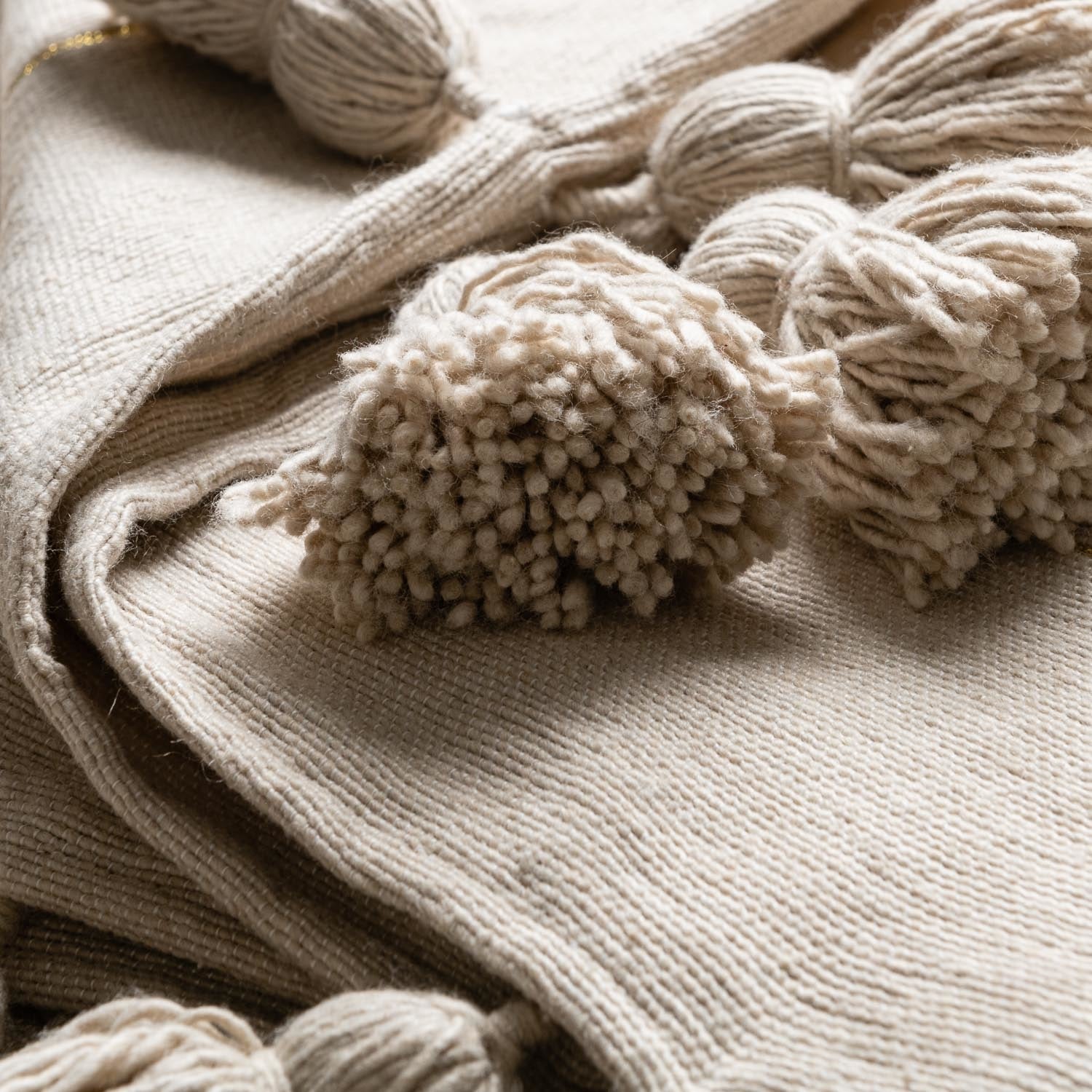 Moroccan Pom Pom Blanket - Beige & Gold - Benisouk