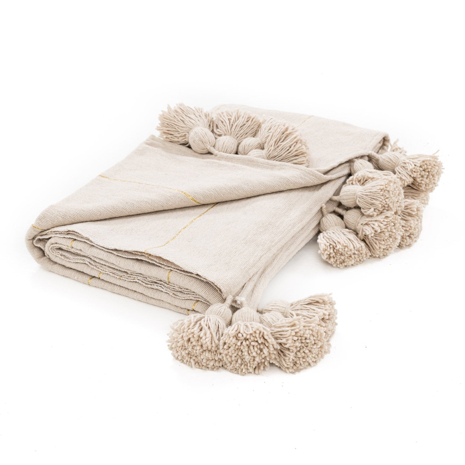 Moroccan Pom Pom Blanket - Beige & Gold - Benisouk