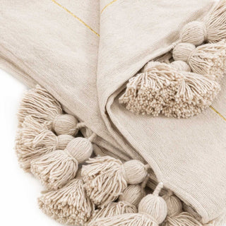 Moroccan Pom Pom Blanket - Beige & Gold - Benisouk