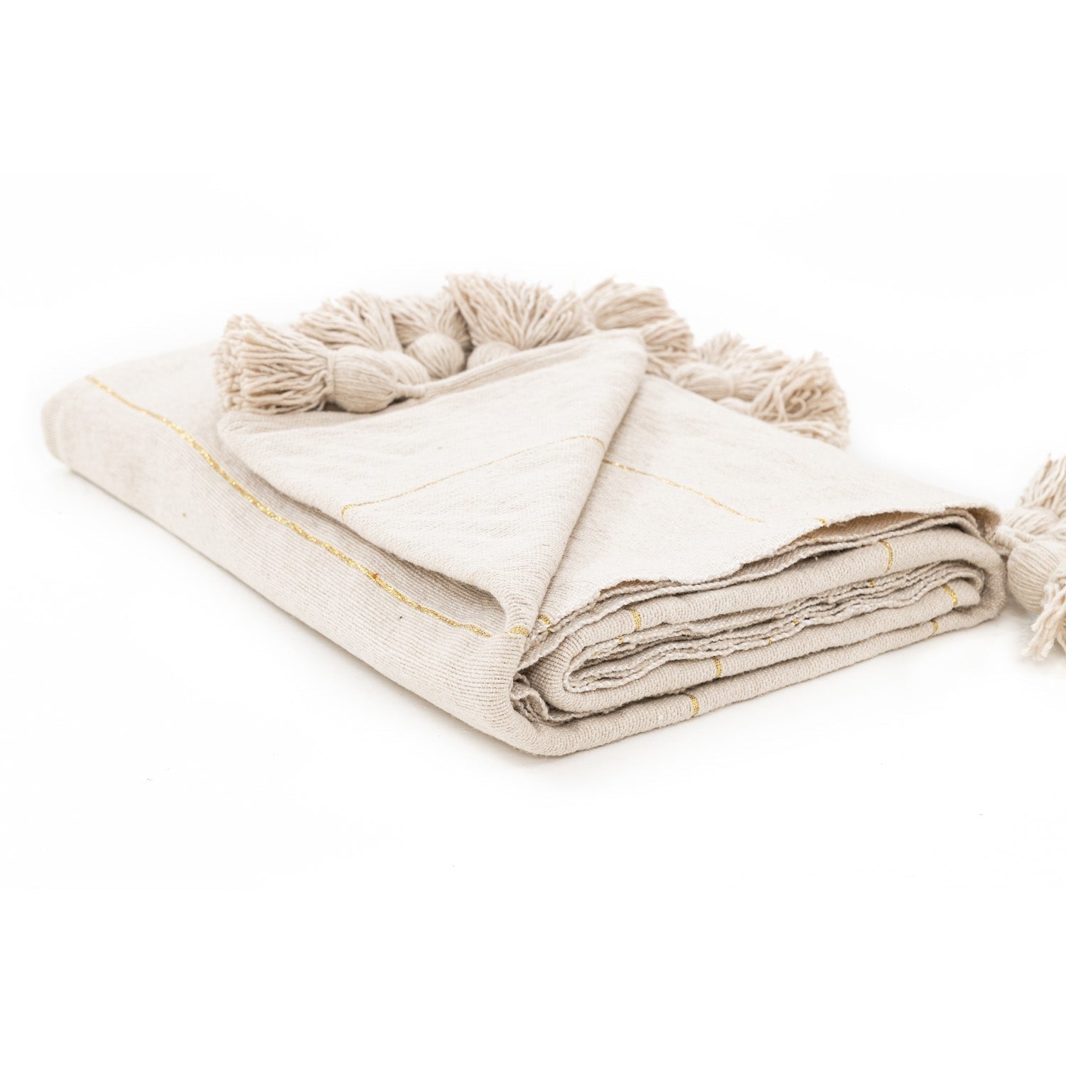 Moroccan Pom Pom Blanket - Beige & Gold - Benisouk