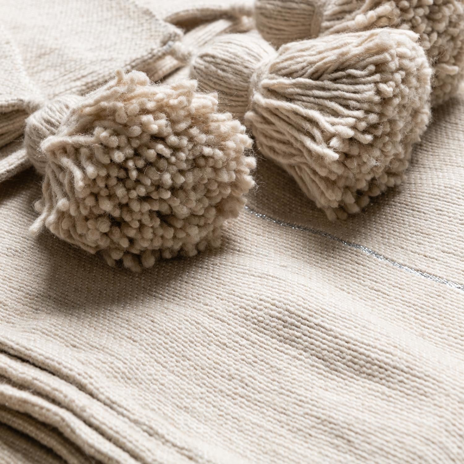 Moroccan Pom Pom Blanket - Beige & Silver - Benisouk