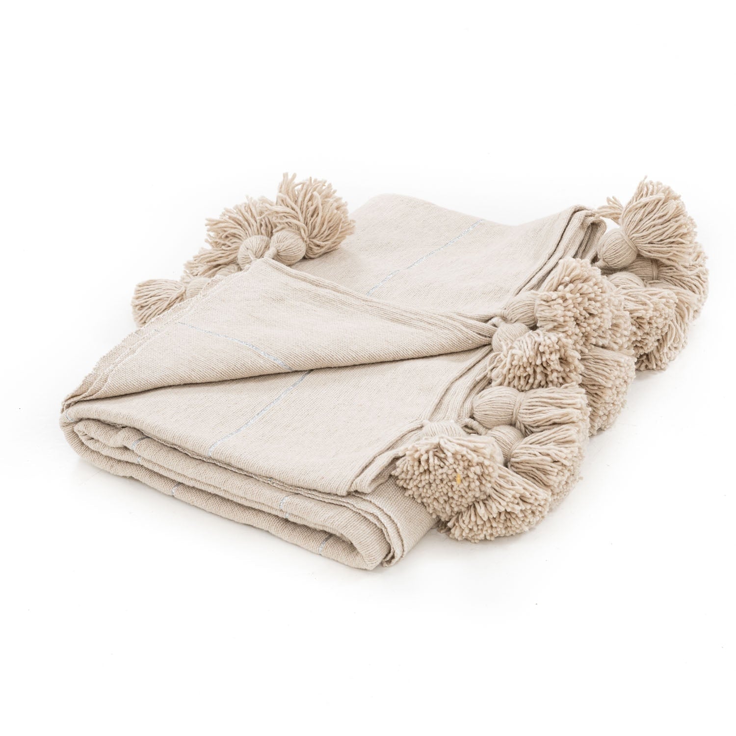 Moroccan Pom Pom Blanket - Beige & Silver - Benisouk