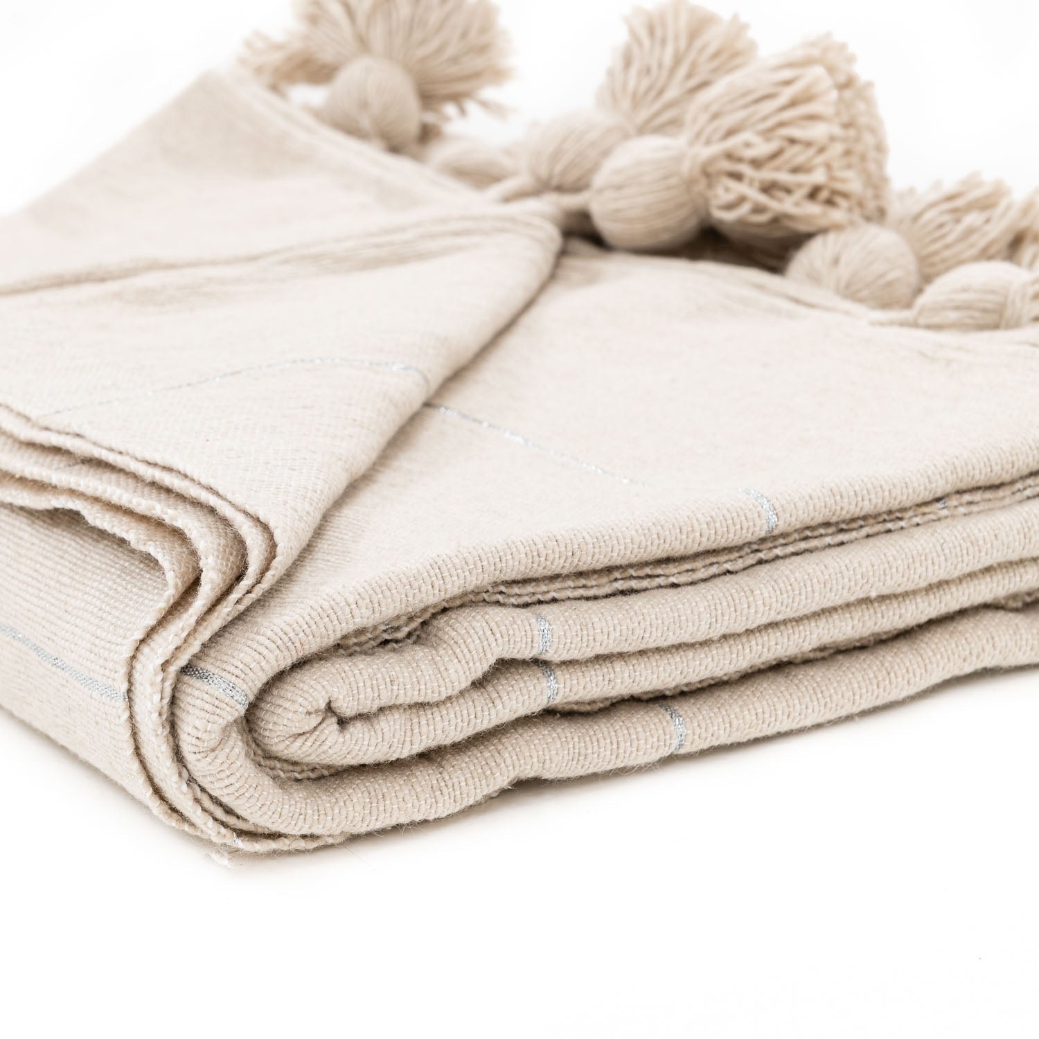 Moroccan Pom Pom Blanket - Beige & Silver - Benisouk