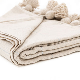 Moroccan Pom Pom Blanket - Beige & Silver - Benisouk