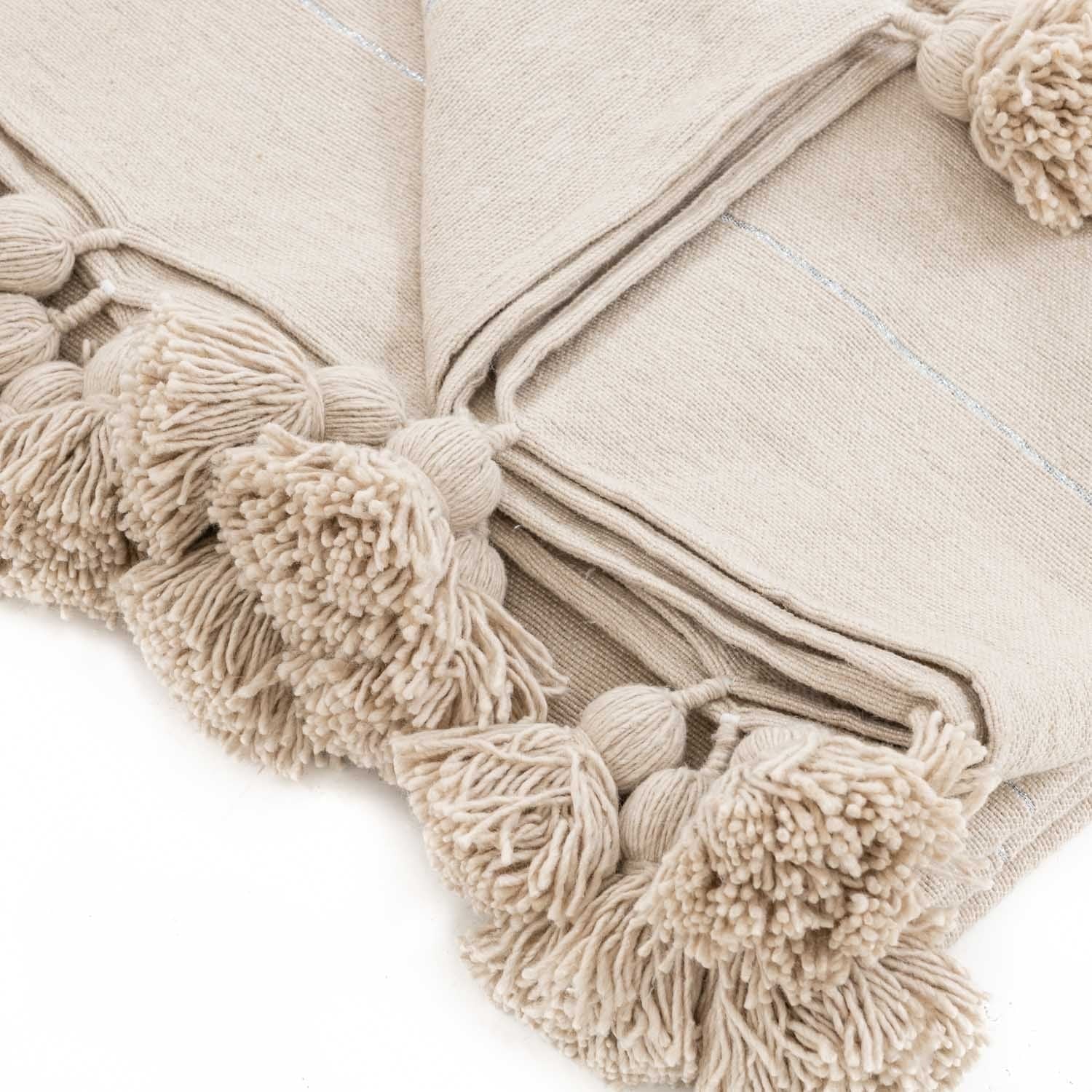 Moroccan Pom Pom Blanket - Beige & Silver - Benisouk