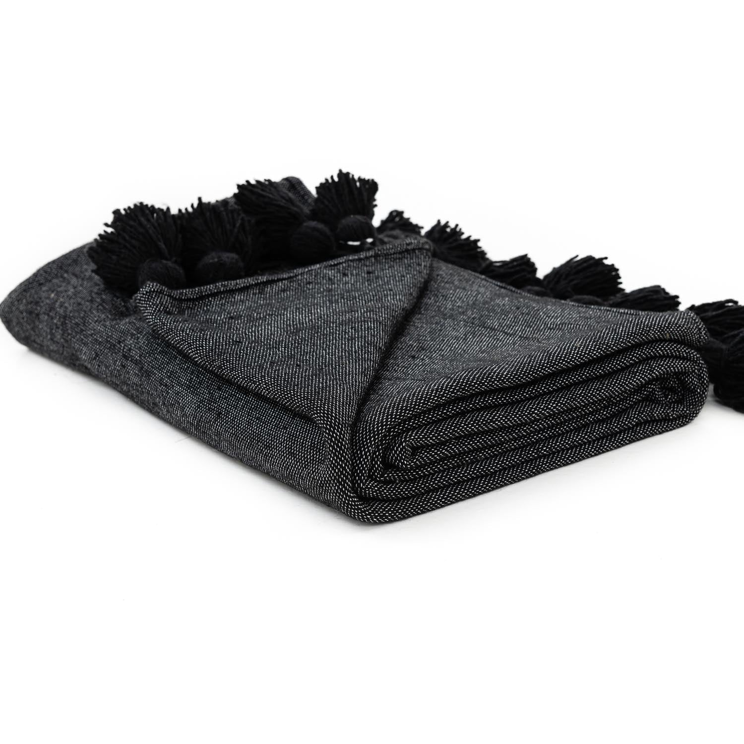 Moroccan Pom Pom Blanket - Black - Benisouk