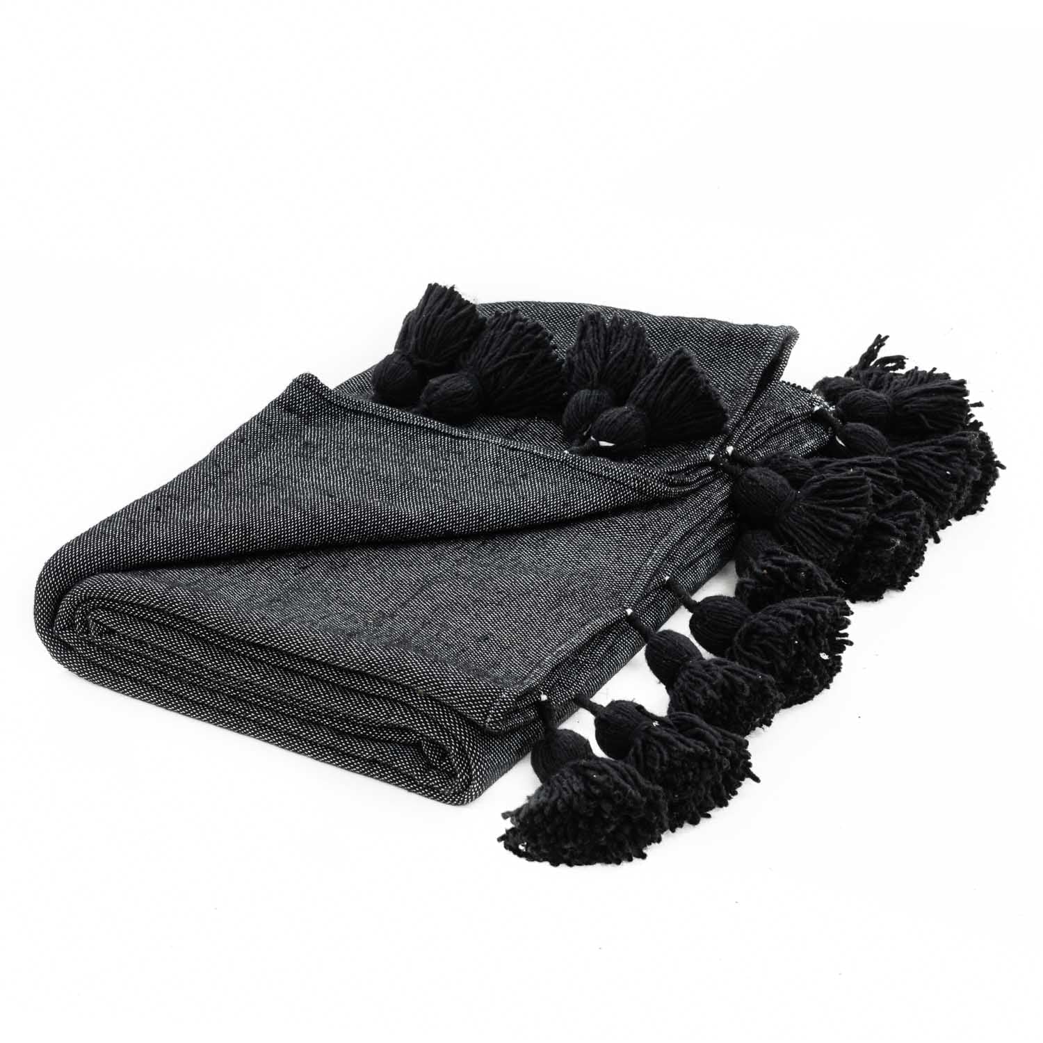 Moroccan Pom Pom Blanket - Black - Benisouk