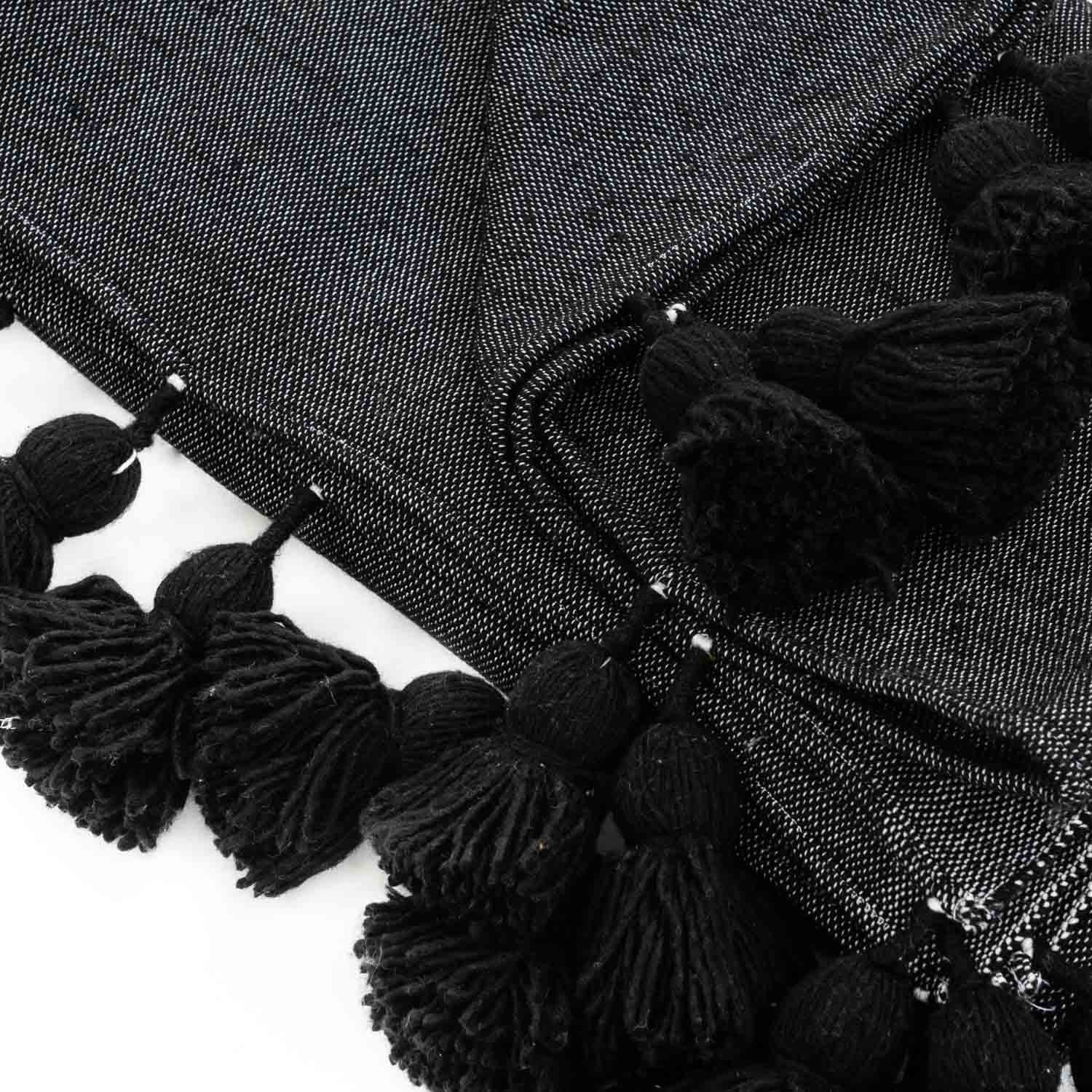 Moroccan Pom Pom Blanket - Black - Benisouk