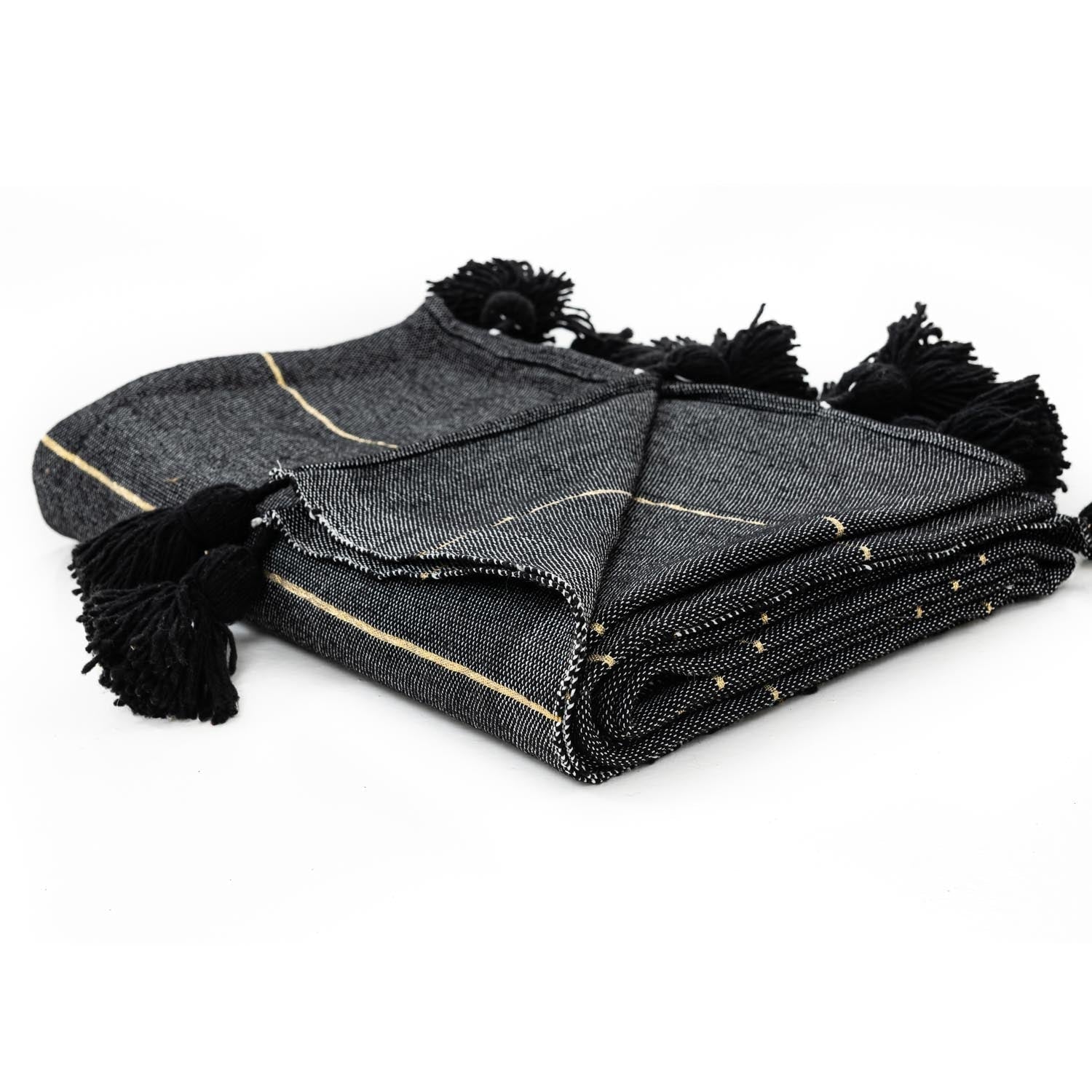 Moroccan Pom Pom Blanket - Black & Gold - Benisouk