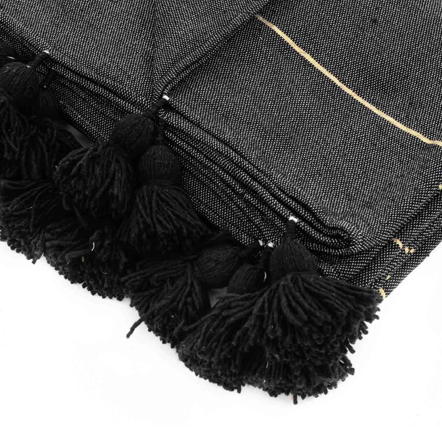 Moroccan Pom Pom Blanket - Black & Gold - Benisouk