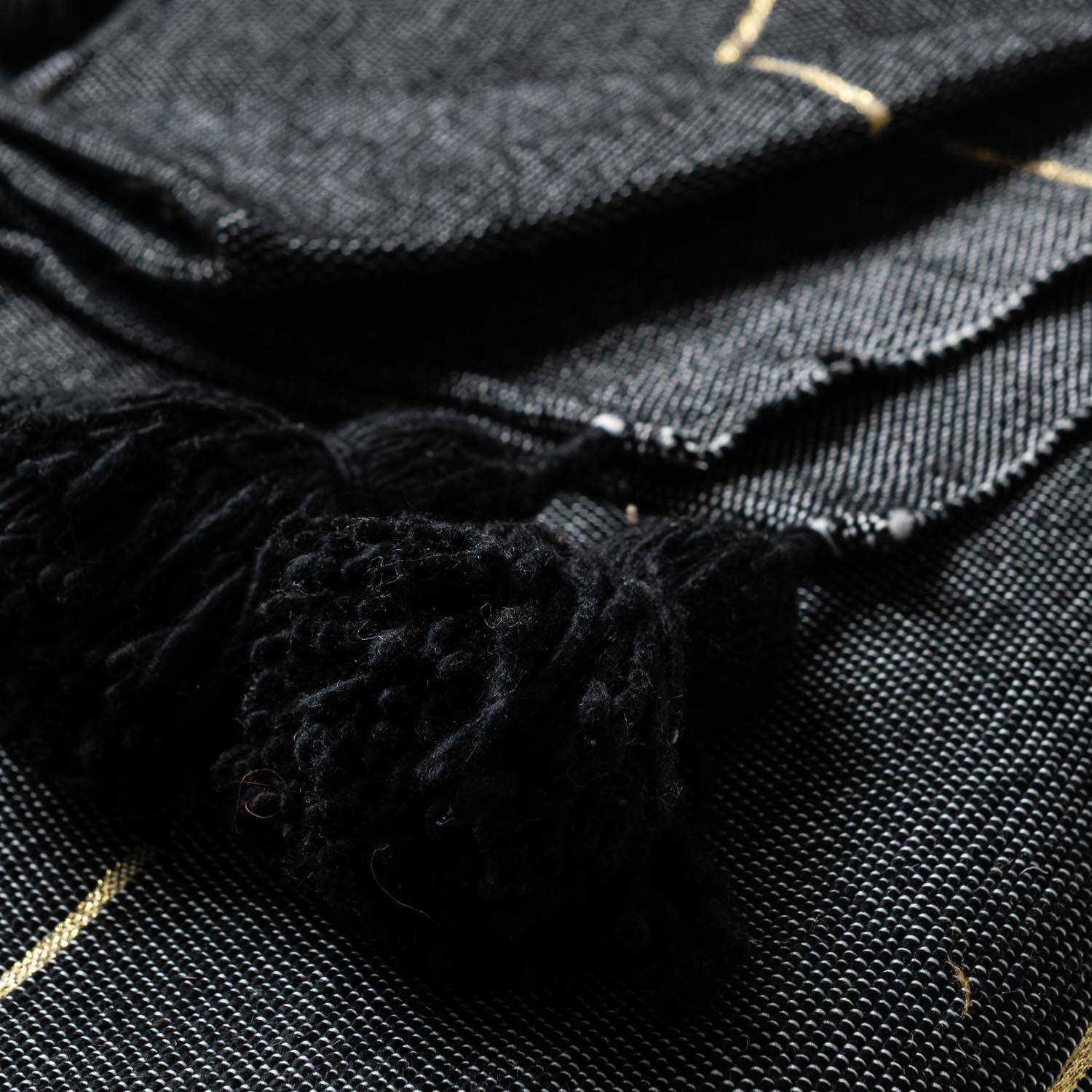 Moroccan Pom Pom Blanket - Black & Gold - Benisouk