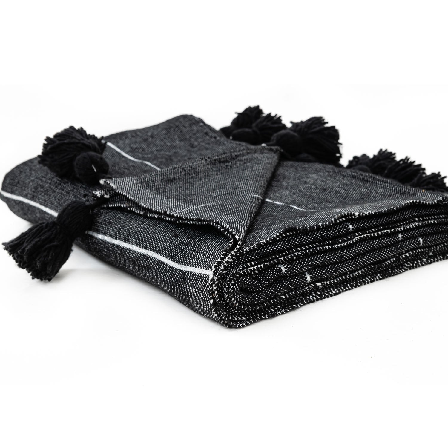 Moroccan Pom Pom Blanket - Black & Silver - Benisouk
