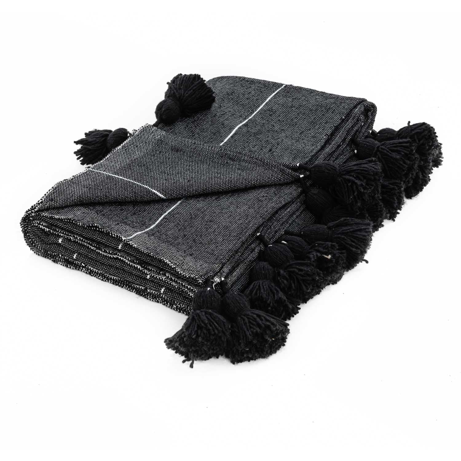 Moroccan Pom Pom Blanket - Black & Silver - Benisouk