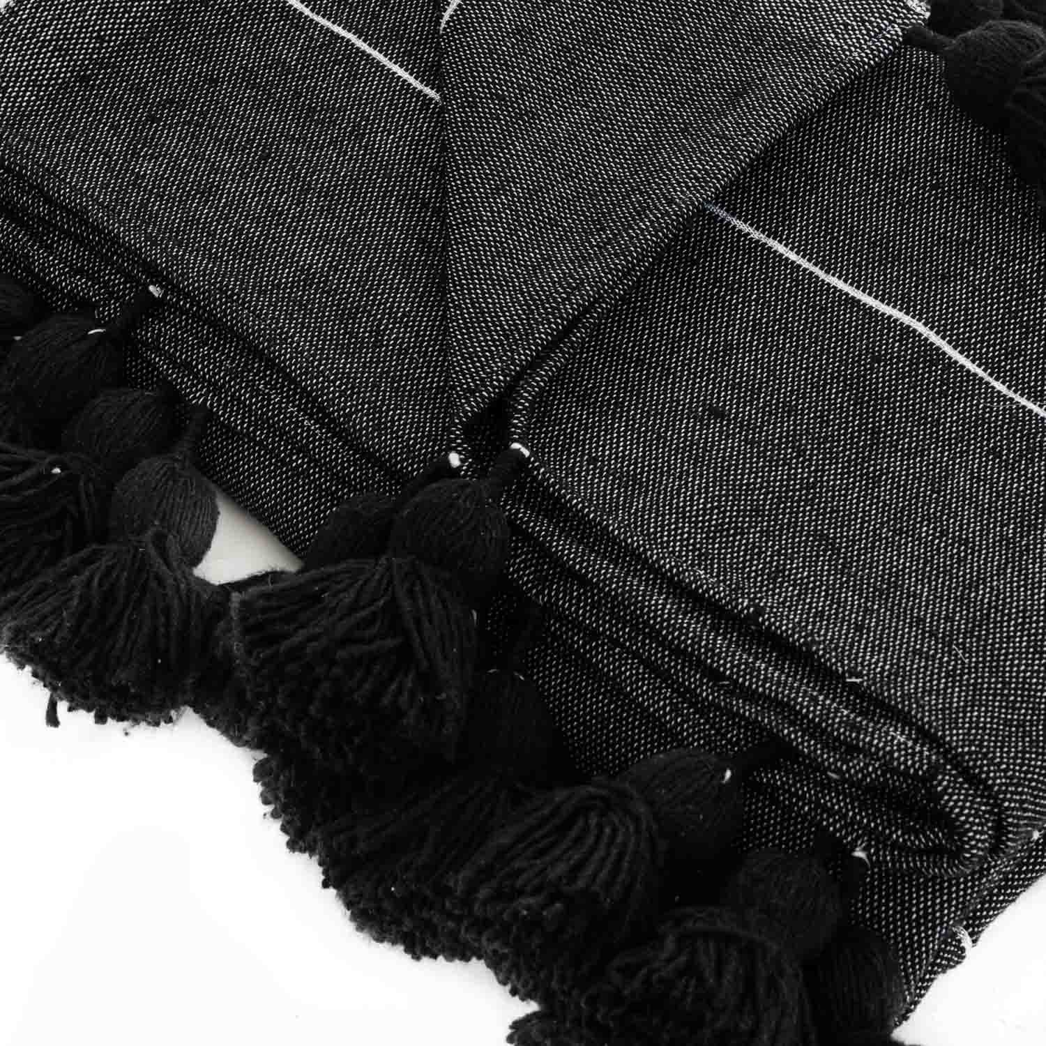 Moroccan Pom Pom Blanket - Black & Silver - Benisouk