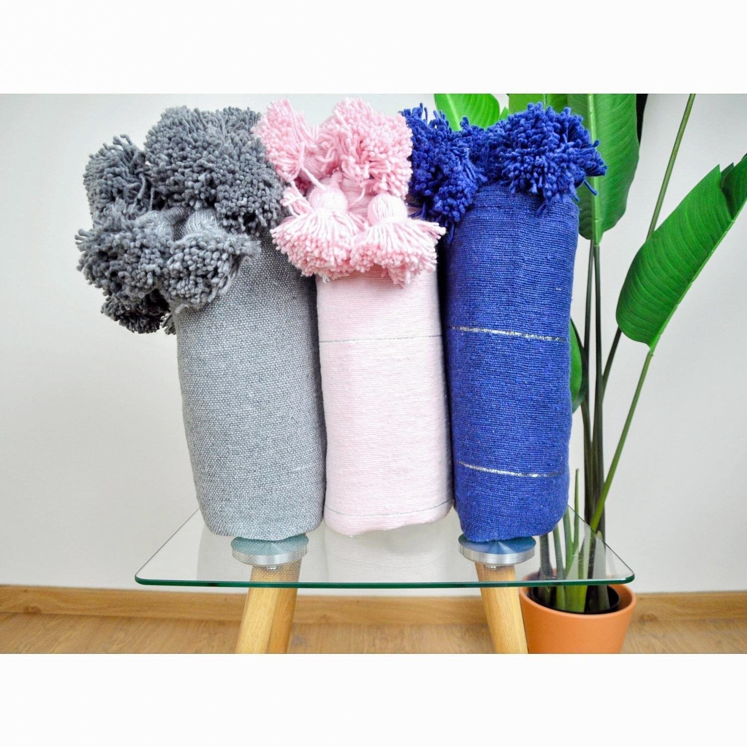Moroccan Pom Pom Blanket - Blue & Silver - Benisouk