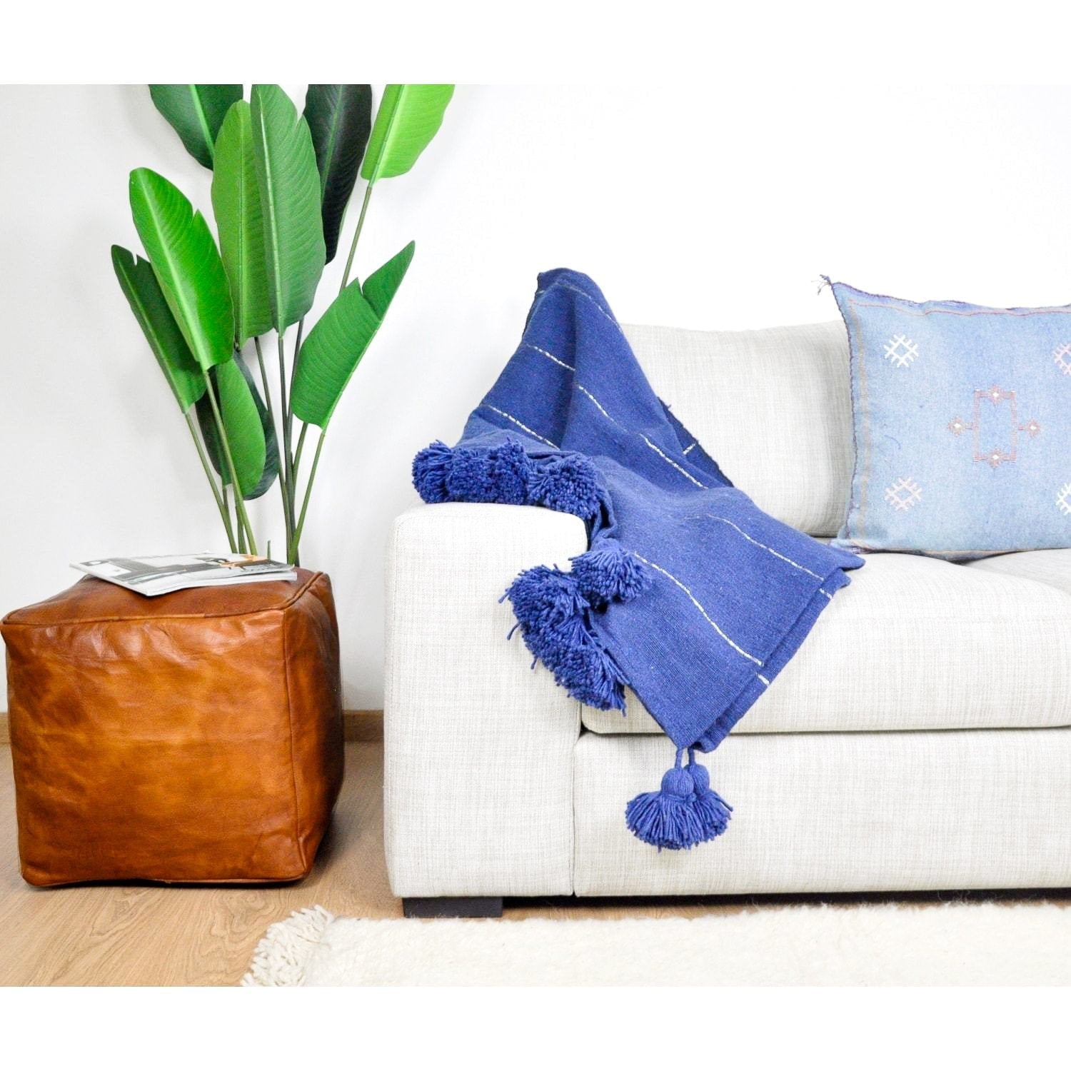 Moroccan Pom Pom Blanket - Blue & Silver - Benisouk