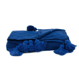 Moroccan Pom Pom Blanket - Blue & Silver - Benisouk