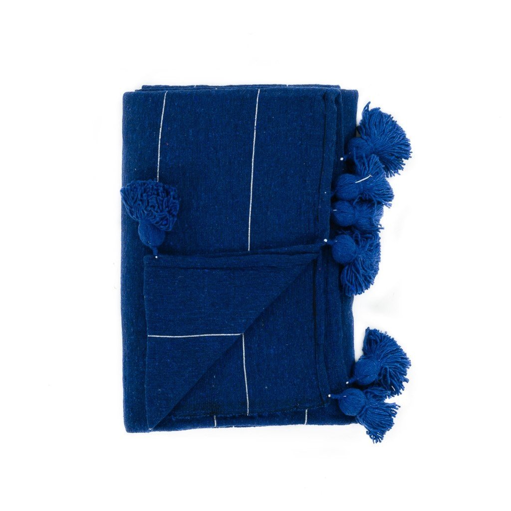 Moroccan Pom Pom Blanket - Blue & Silver - Benisouk