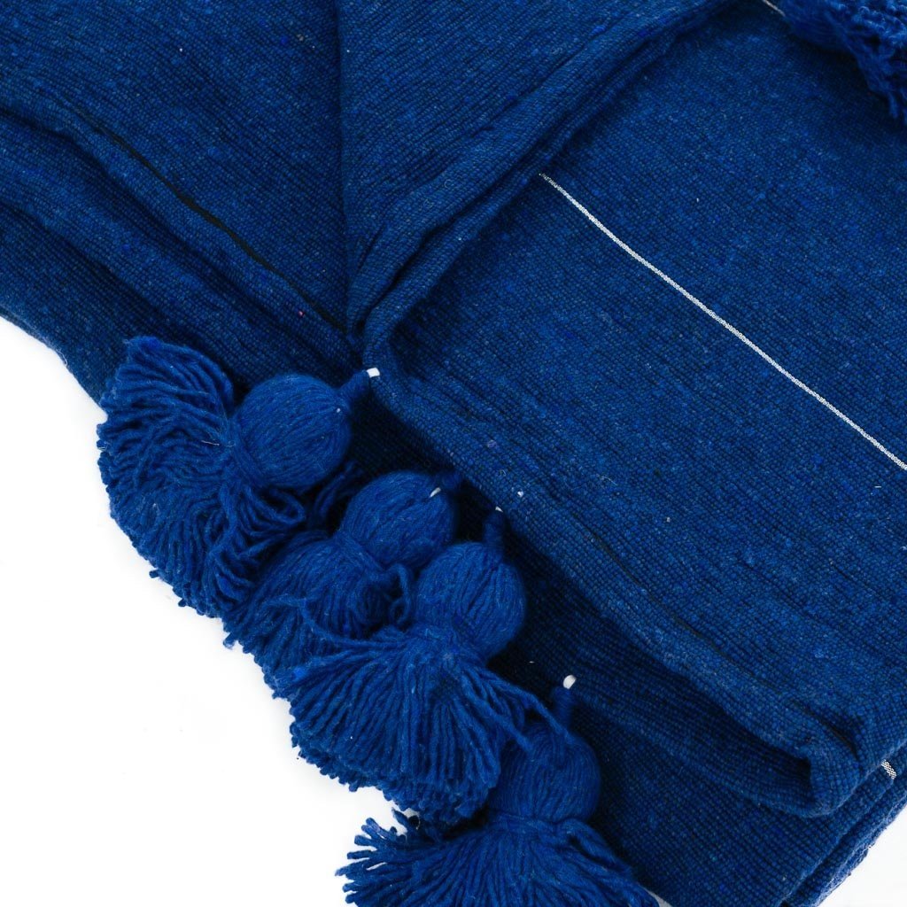 Moroccan Pom Pom Blanket - Blue & Silver - Benisouk