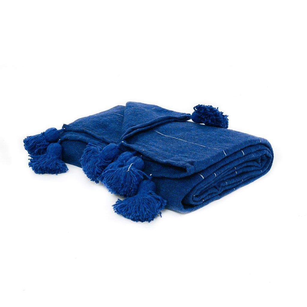 Moroccan Pom Pom Blanket - Blue & Silver - Benisouk