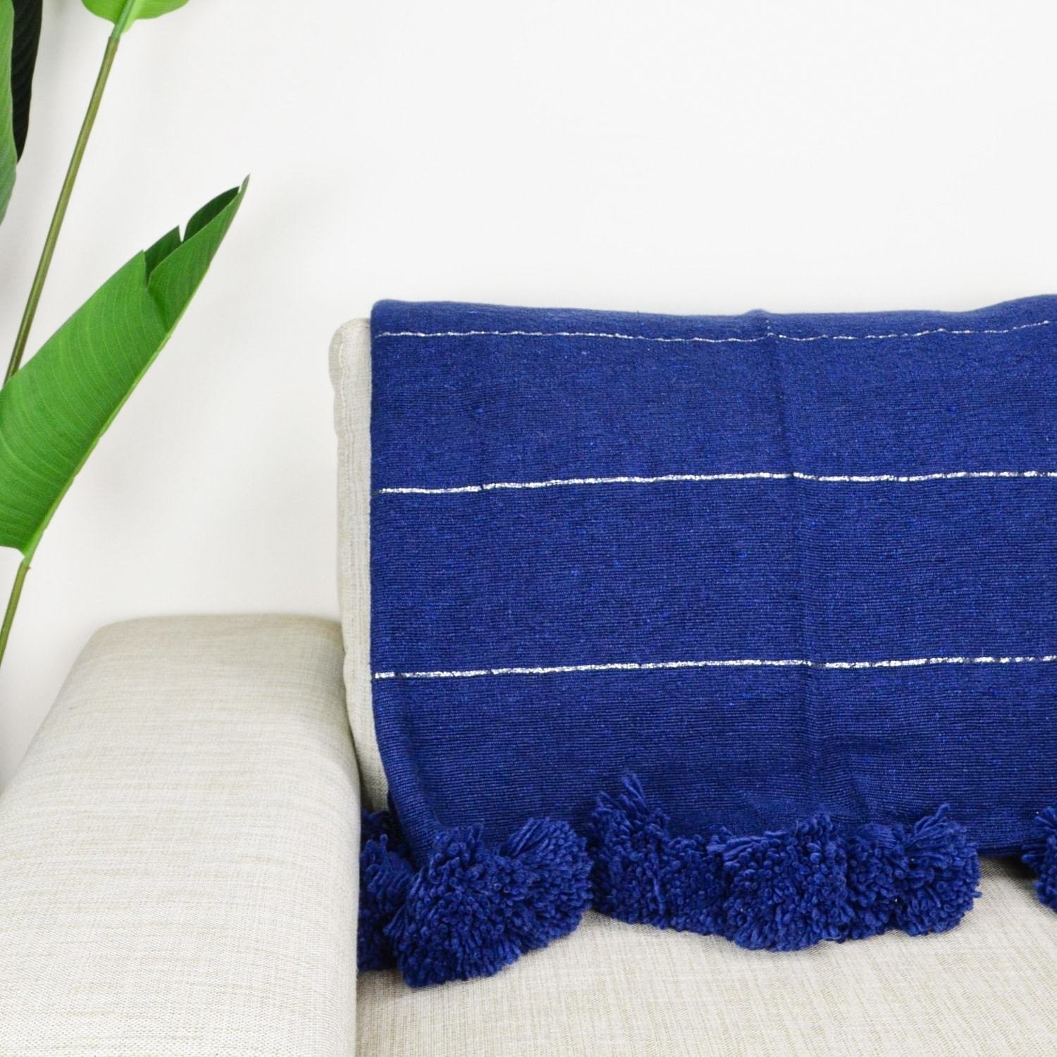 Moroccan Pom Pom Blanket - Blue & Silver - Benisouk