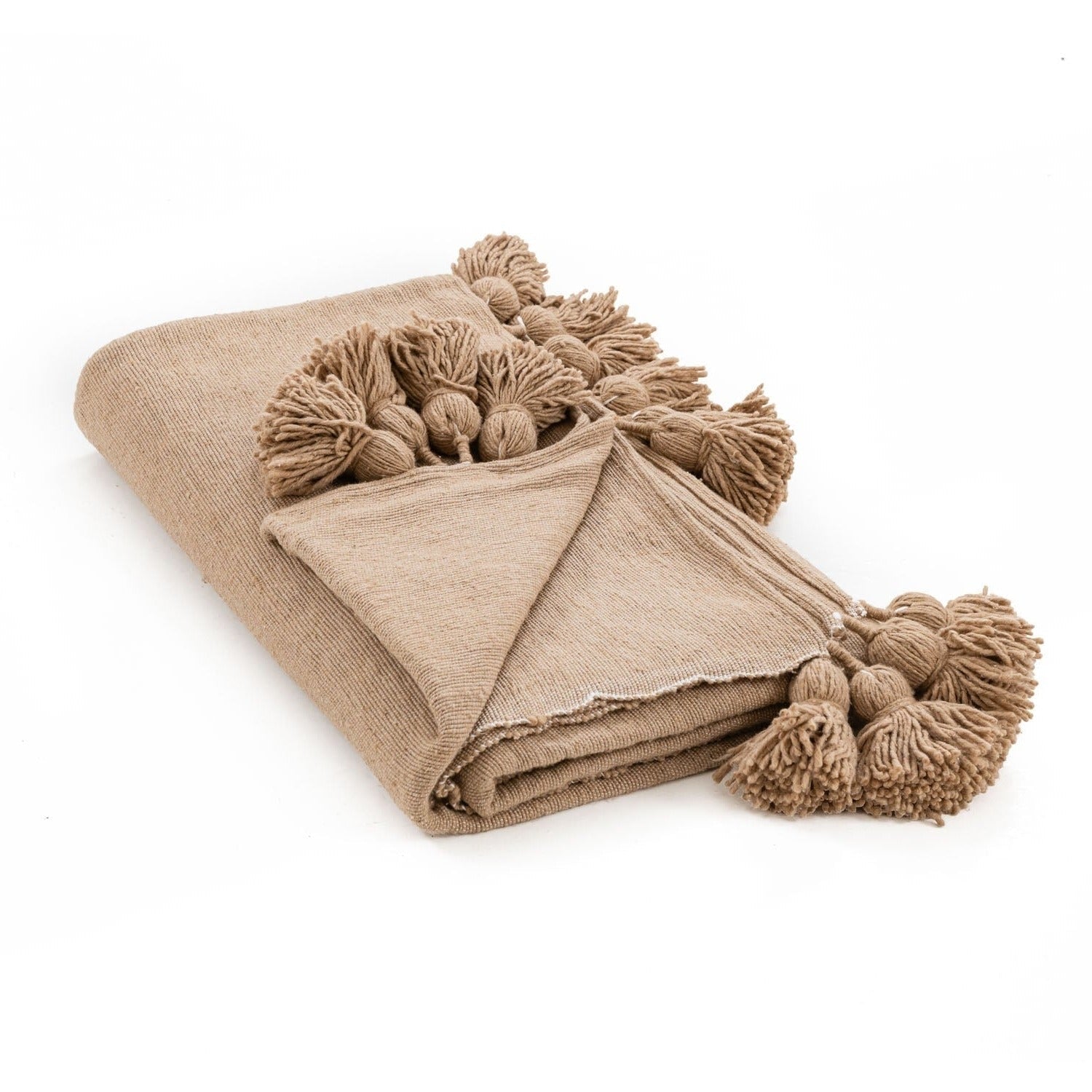 Moroccan Pom Pom Blanket - Brown - Benisouk