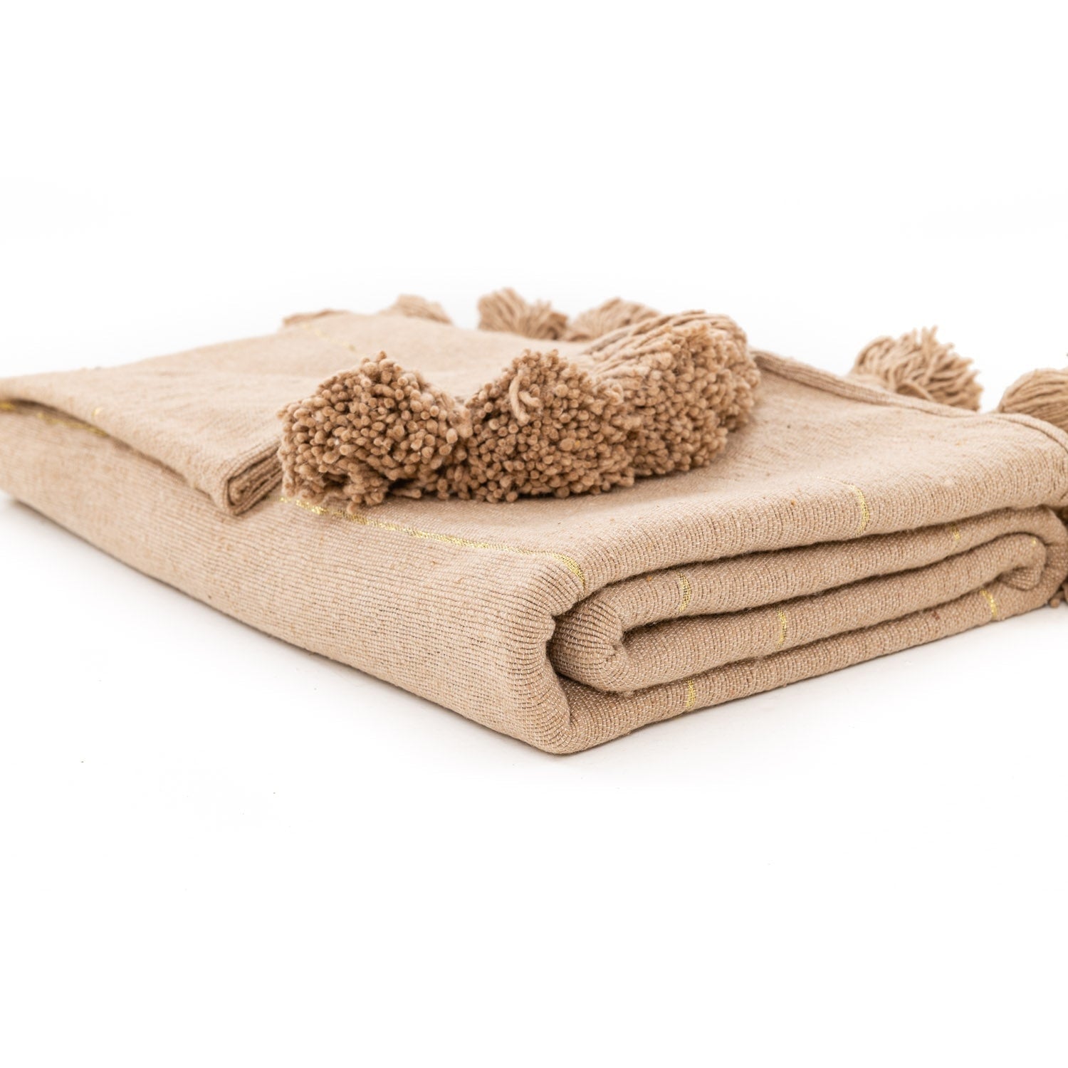 Moroccan Pom Pom Blanket - Brown & Gold - Benisouk