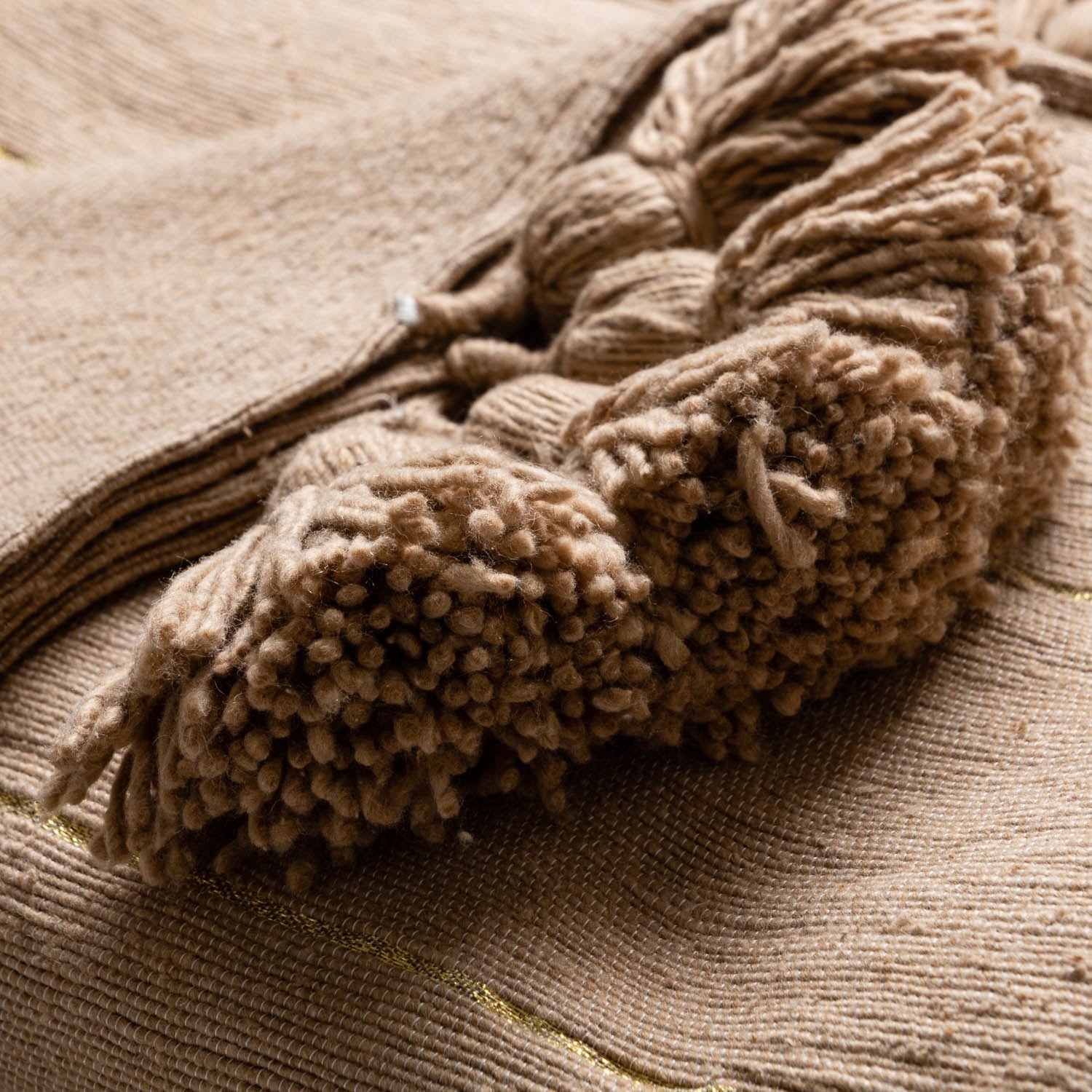 Moroccan Pom Pom Blanket - Brown & Gold - Benisouk
