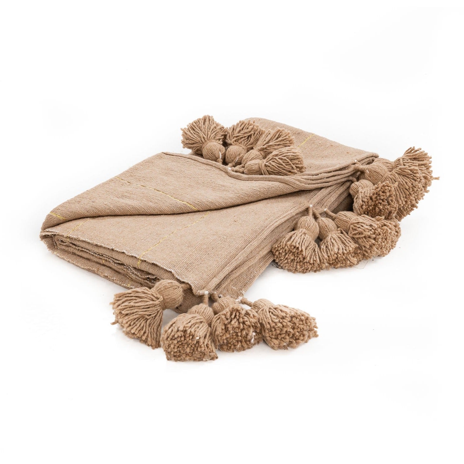 Moroccan Pom Pom Blanket - Brown & Gold - Benisouk