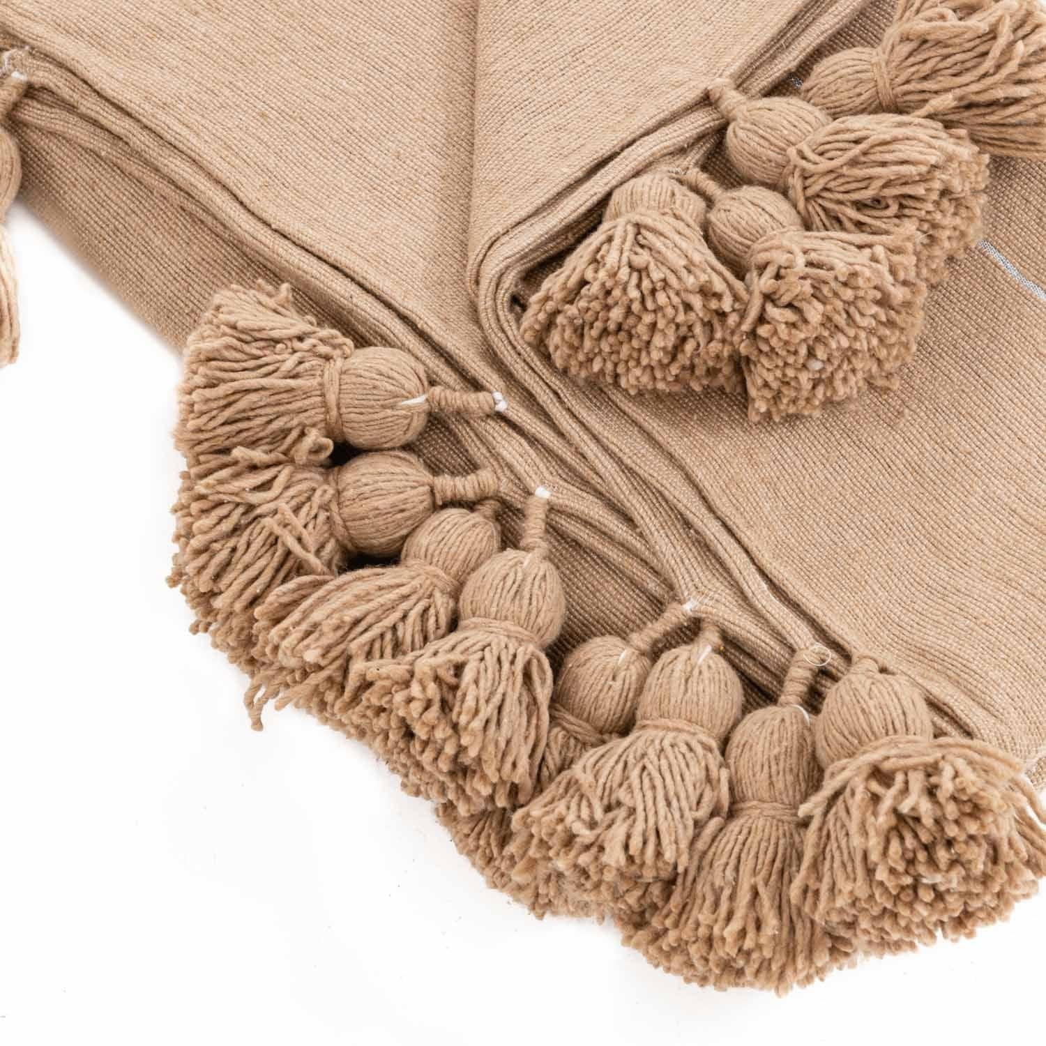 Moroccan Pom Pom Blanket - Brown & Silver - Benisouk