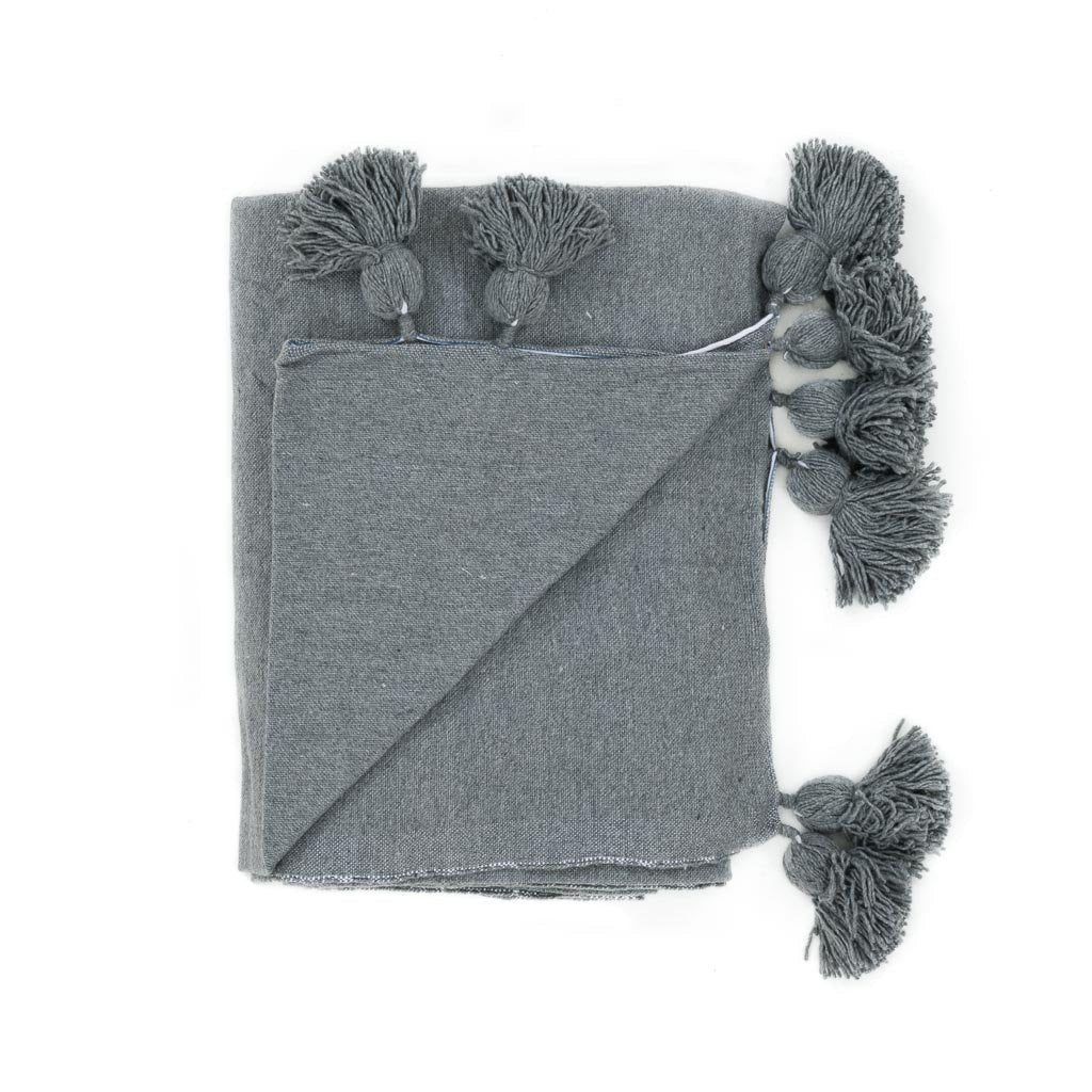 Moroccan Pom Pom Blanket - Grey - Benisouk