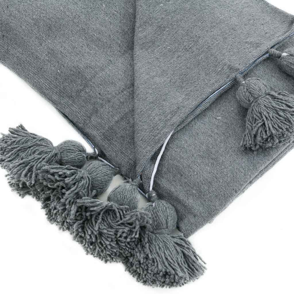 Moroccan Pom Pom Blanket - Grey - Benisouk