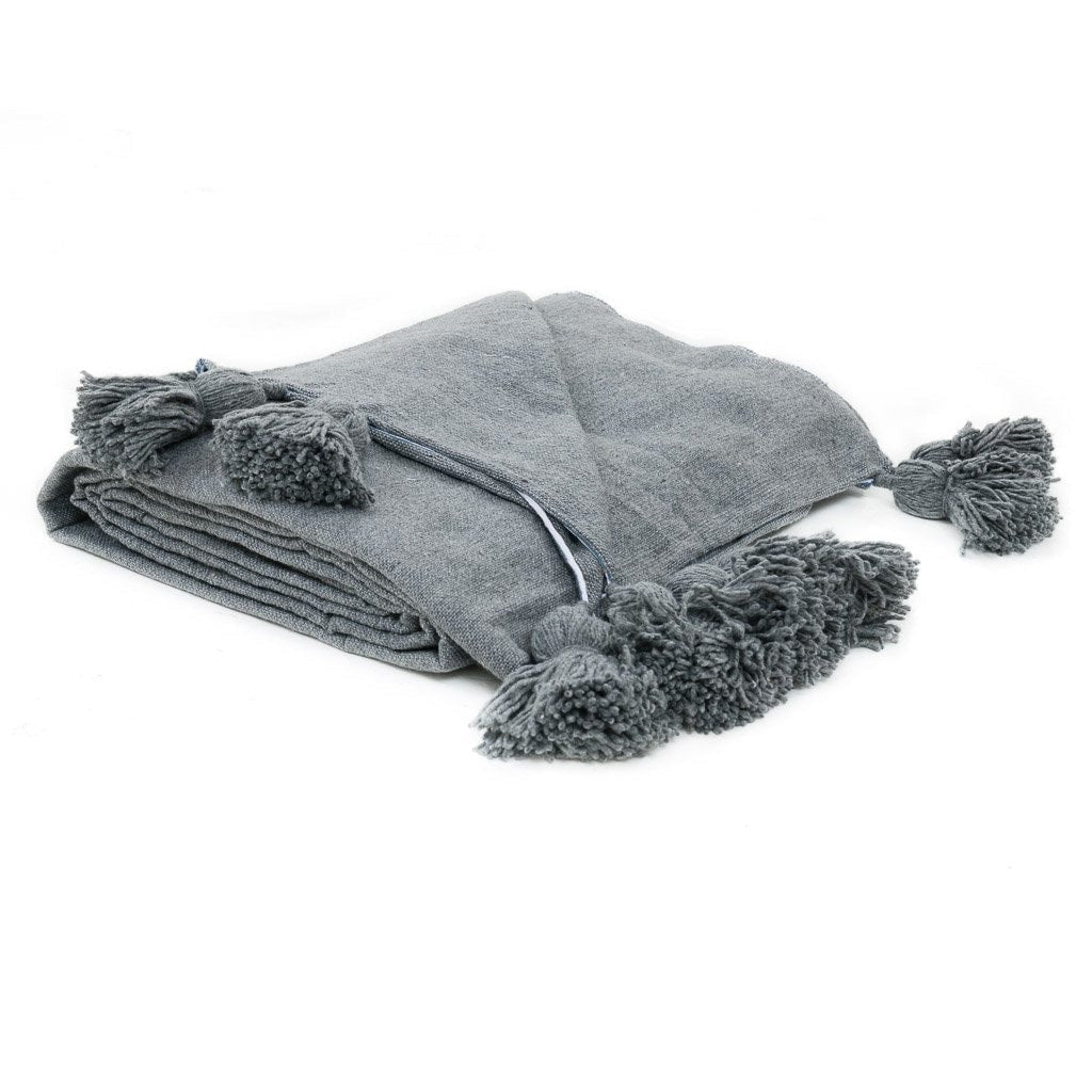 Moroccan Pom Pom Blanket - Grey - Benisouk