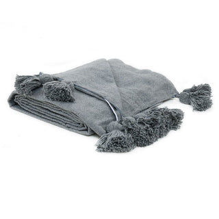 Moroccan Pom Pom Blanket - Grey - Benisouk