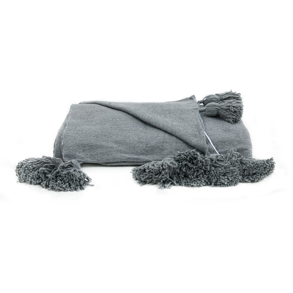 Moroccan Pom Pom Blanket - Grey - Benisouk