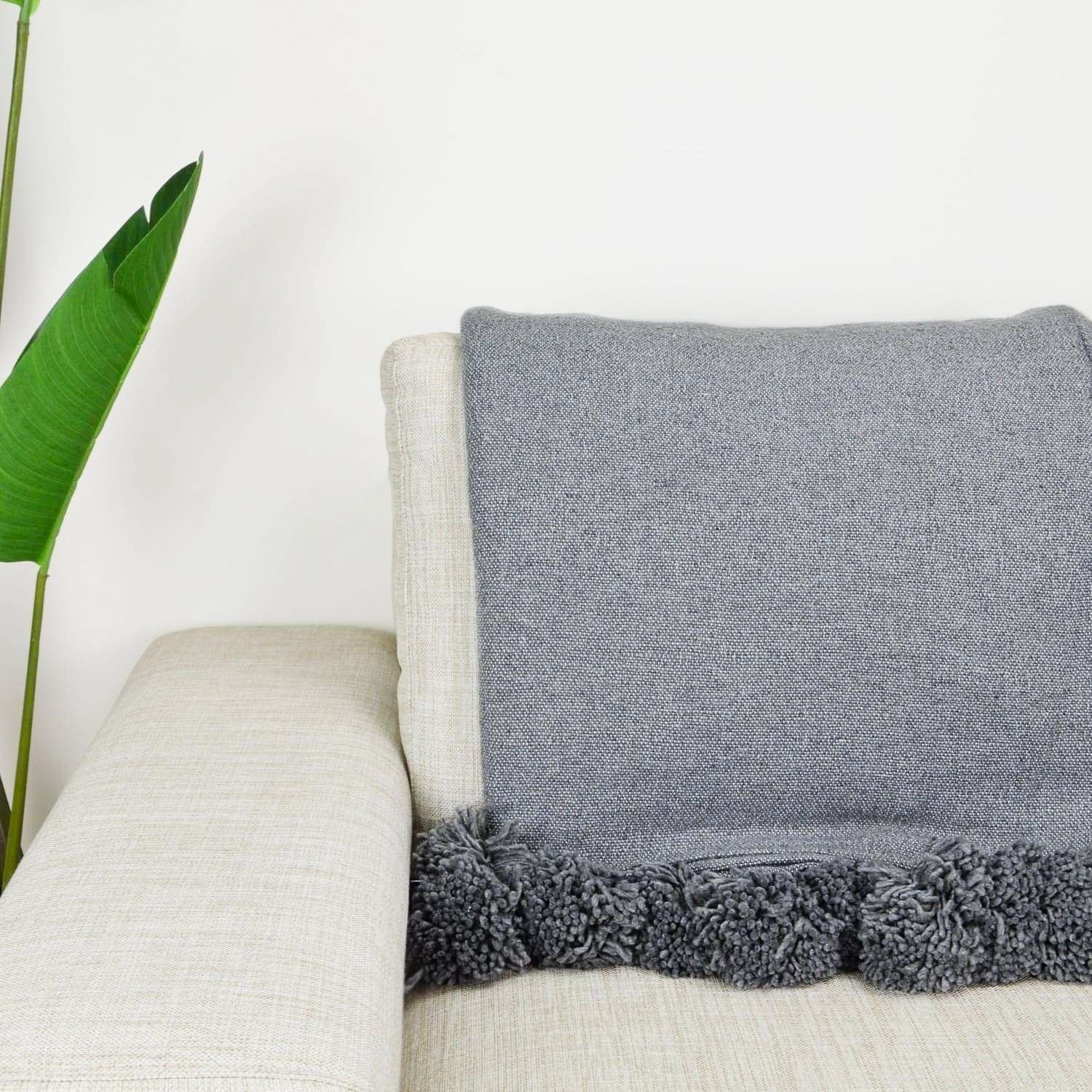 Moroccan Pom Pom Blanket - Grey - Benisouk
