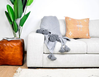 Moroccan Pom Pom Blanket - Grey - Benisouk
