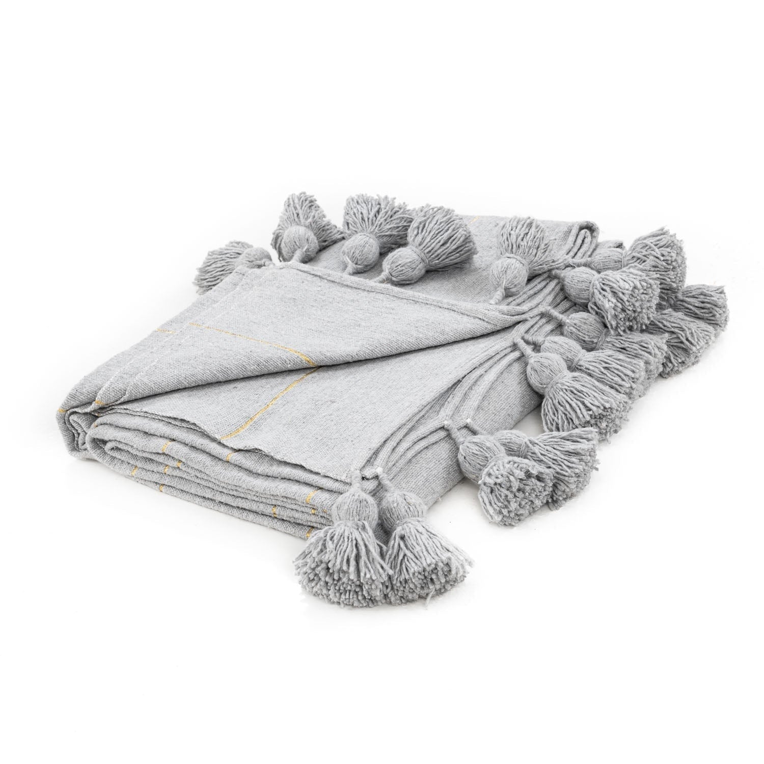 Moroccan Pom Pom Blanket - Grey & Gold - Benisouk
