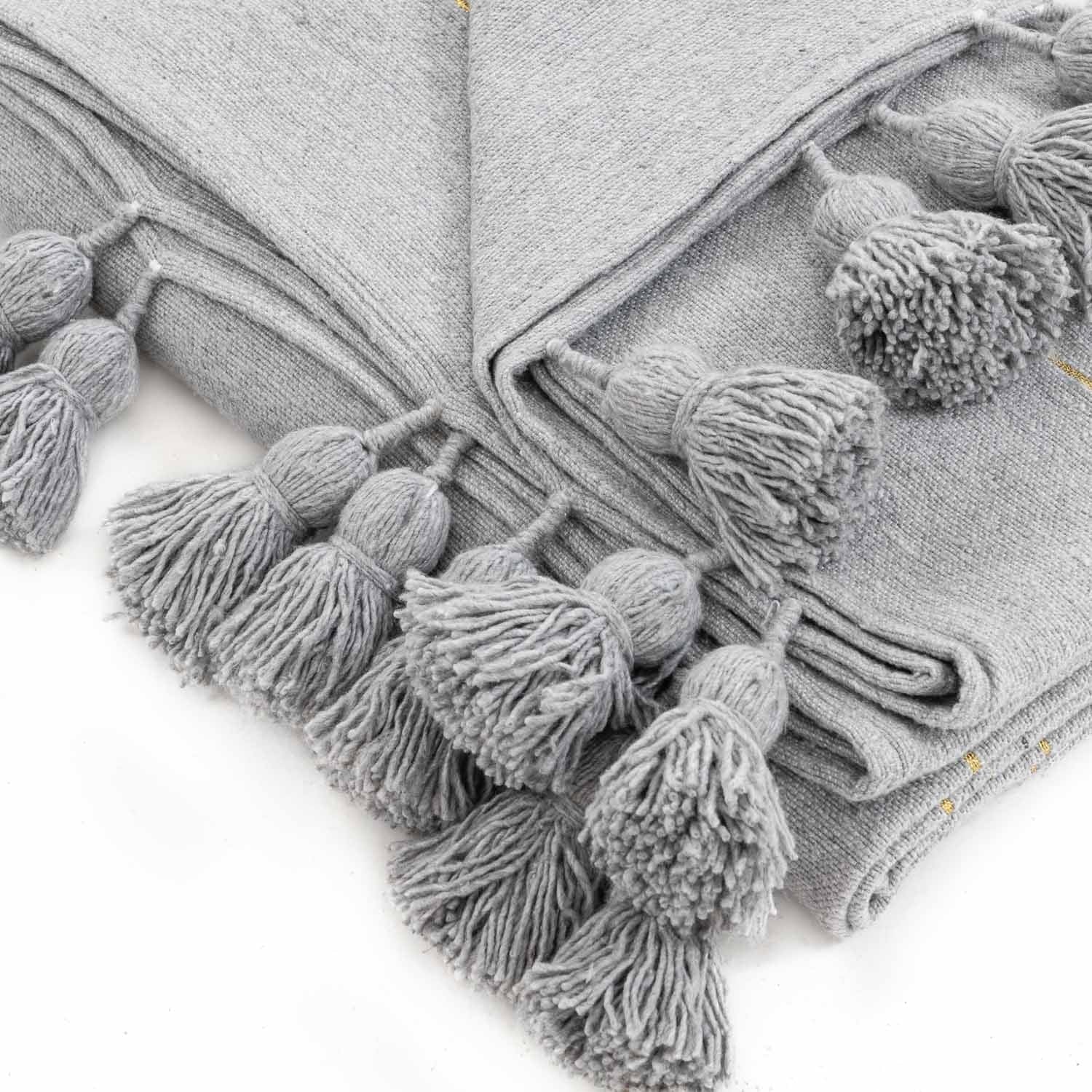 Moroccan Pom Pom Blanket - Grey & Gold - Benisouk