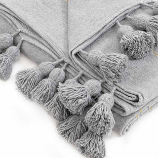Moroccan Pom Pom Blanket - Grey & Gold - Benisouk