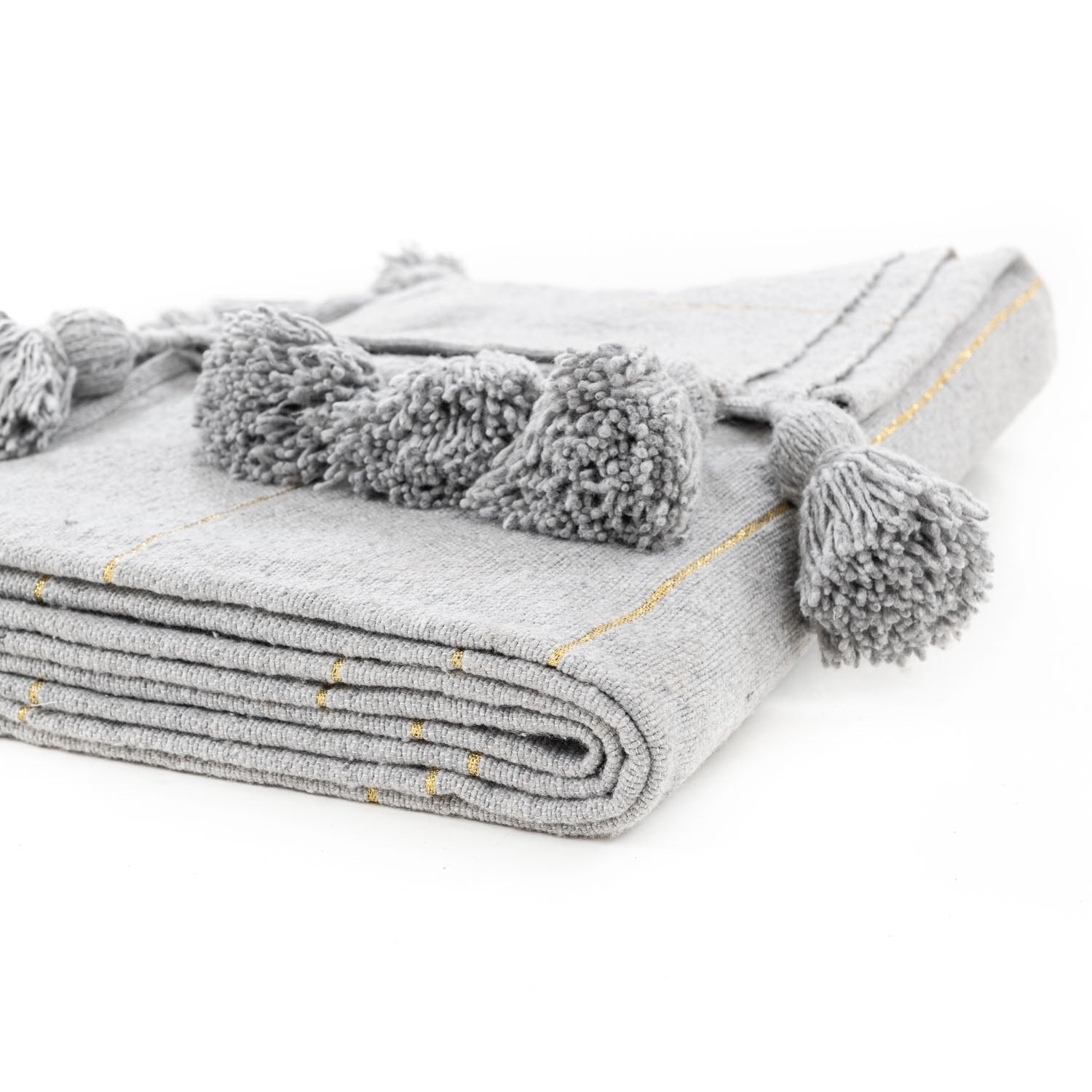 Moroccan Pom Pom Blanket - Grey & Gold - Benisouk
